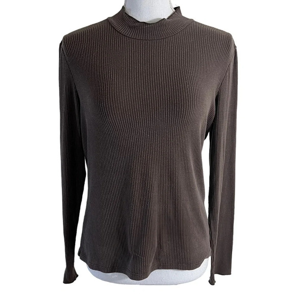 Philosophy Brown Long Sleeve Mock Neck Top Size Large Ribbed Casual Plain Basic - Picture 1 of 5